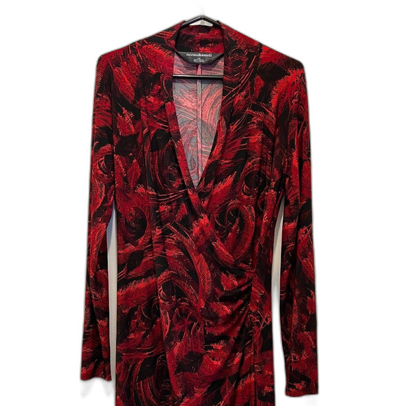 NORMA KAMALI Red & Black Feather Print Faux Wrap Stretch Dress   Women's Size L - Picture 2 of 10